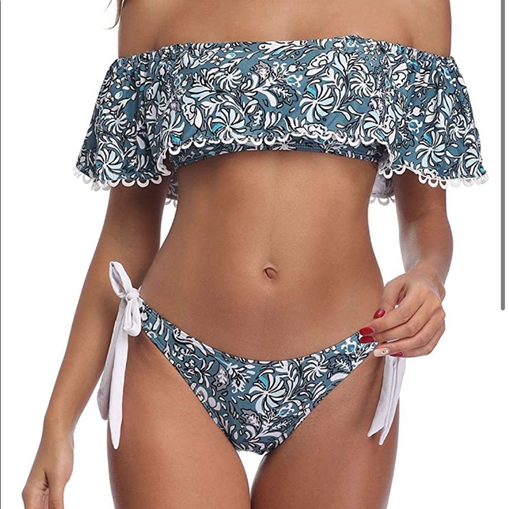 Off the shoulder paisley floral navy bikini